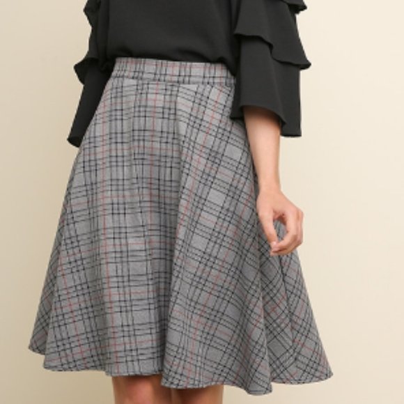 New UMGEE S M Black Mix High Waisted Plaid Flared A-Line Skirt Elastic Waist